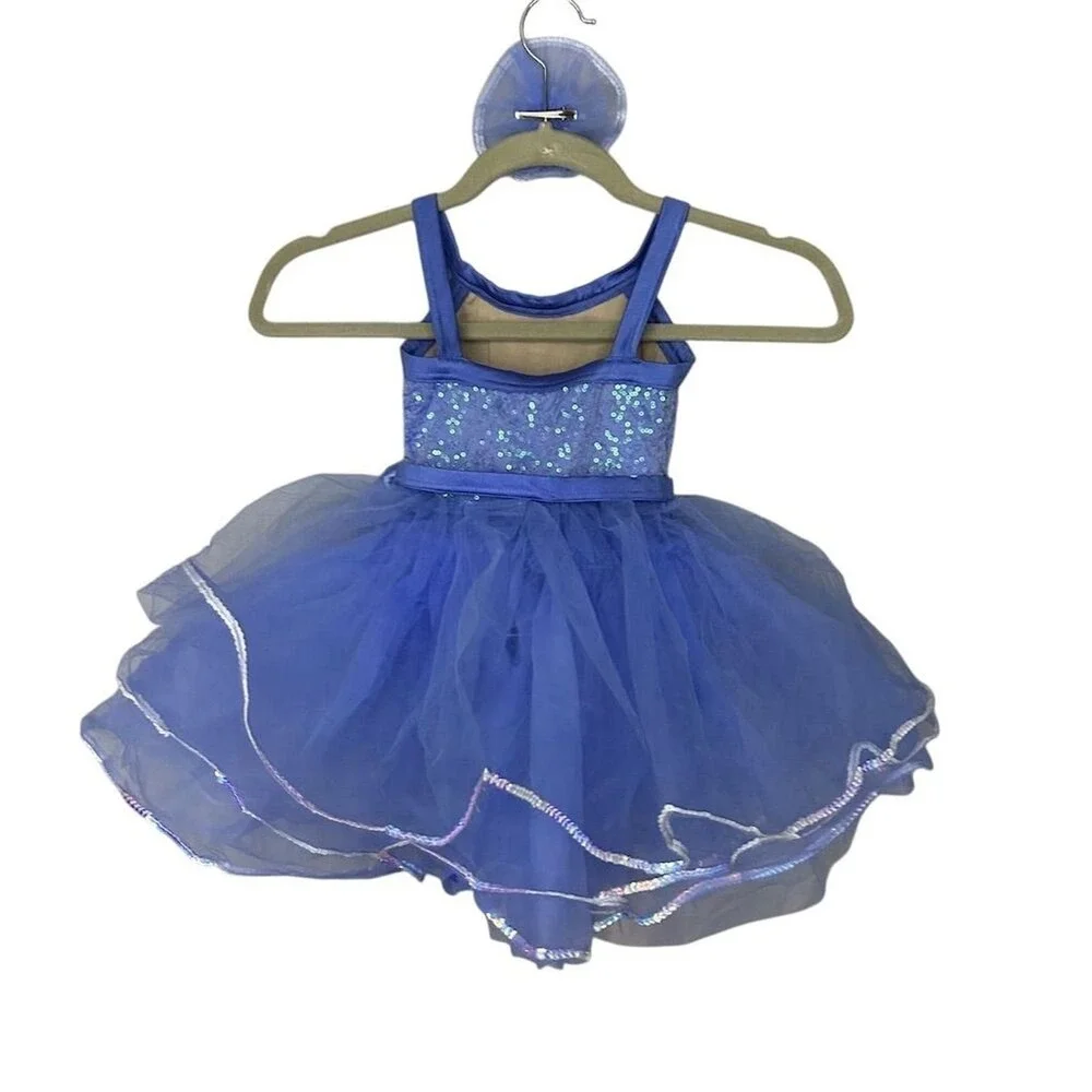 Weissman Dance Costume Kids XSC Blue Sequin Tutu Recital Dress with Hair Piece